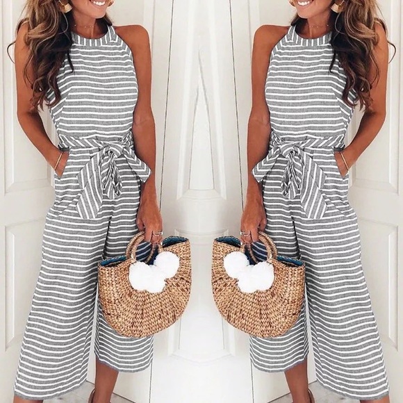 Pants - gray white stripe jumpsuit romper
